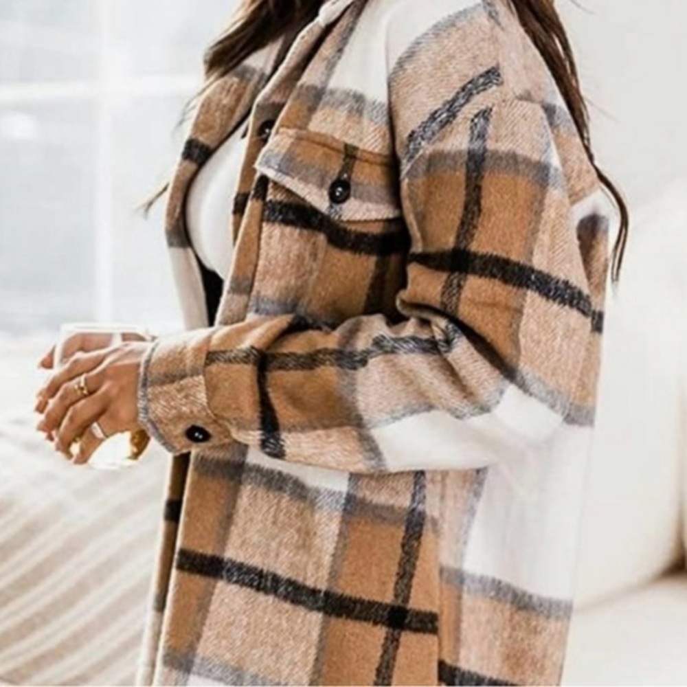 URBAN DAIZY L oversized creamy brown and yellow flannel Shacket
